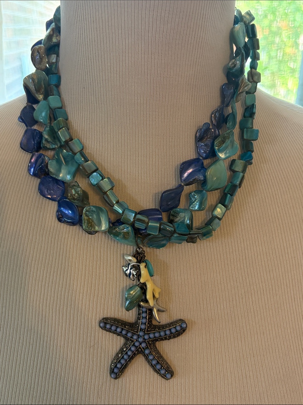 Blue Shell & Bead Multi-Strand Necklace